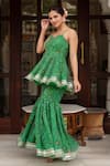 Pomcha Jaipur_Green Georgette Embroidery Sweetheart Neck Bandhej Kurta Sharara Set _Online_at_Aza_Fashions