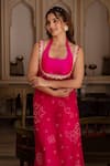 Pomcha Jaipur_Pink Georgette, Taffeta Embroidery Round Neck Bandhej Kurta Pant Set _Online_at_Aza_Fashions