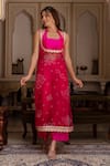 Shop_Pomcha Jaipur_Pink Georgette, Taffeta Embroidery Round Neck Bandhej Kurta Pant Set _Online_at_Aza_Fashions