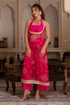 Buy_Pomcha Jaipur_Pink Georgette, Taffeta Embroidery Round Neck Bandhej Kurta Pant Set _at_Aza_Fashions