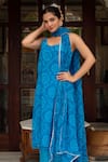 Pomcha Jaipur_Blue Georgette, Cotton Round Neck Bandhej Pattern Kurta Set _at_Aza_Fashions