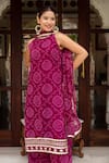 Shop_Pomcha Jaipur_Pink Georgette Embroidery Round Neck Bandhej Kurta Set _Online_at_Aza_Fashions