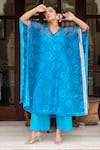 Buy_Pomcha Jaipur_Blue Georgette, Cotton V-neck Bandhej Kaftan With Pant _Online_at_Aza_Fashions
