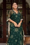 Buy_Pomcha Jaipur_Green Georgette, Cotton Embroidery V-neck Bandhej Dark Kaftan With Pant _Online_at_Aza_Fashions