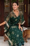 Shop_Pomcha Jaipur_Green Georgette, Cotton Embroidery V-neck Bandhej Dark Kaftan With Pant _Online_at_Aza_Fashions