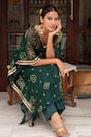 Pomcha Jaipur_Green Georgette, Cotton Embroidery V-neck Bandhej Dark Kaftan With Pant _at_Aza_Fashions