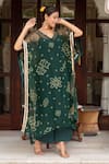 Buy_Pomcha Jaipur_Green Georgette, Cotton Embroidery V-neck Bandhej Dark Kaftan With Pant _at_Aza_Fashions