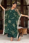 Buy_Pomcha Jaipur_Green Georgette, Cotton Embroidery V-neck Bandhej Dark Kaftan With Pant 