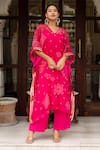 Buy_Pomcha Jaipur_Pink Georgette, Cotton Embroidery V-neck Bandhej Kaftan With Pant _at_Aza_Fashions