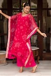 Pomcha Jaipur_Pink Georgette, Cotton Embroidery V-neck Bandhej Kaftan With Pant _at_Aza_Fashions