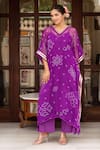 Buy_Pomcha Jaipur_Purple Georgette, Cotton Embroidery V-neck Bandhej Kaftan With Pant _at_Aza_Fashions
