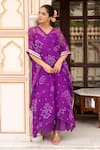 Buy_Pomcha Jaipur_Purple Georgette, Cotton Embroidery V-neck Bandhej Kaftan With Pant 