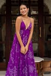 Pomcha Jaipur_Purple Georgette Embroidery V-neck Bandhej Dress _Online_at_Aza_Fashions