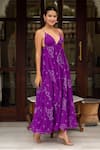 Buy_Pomcha Jaipur_Purple Georgette Embroidery V-neck Bandhej Dress _Online_at_Aza_Fashions
