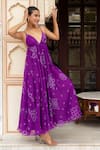 Shop_Pomcha Jaipur_Purple Georgette Embroidery V-neck Bandhej Dress _Online_at_Aza_Fashions