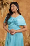 B'Infinite_Cyan Blue Twist Front Off Shoulder Gown _Online_at_Aza_Fashions