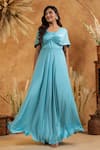 Buy_B'Infinite_Cyan Blue Twist Front Off Shoulder Gown _Online_at_Aza_Fashions