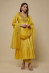 Buy_Asaga_Yellow Chanderi, Muslin, Organza Embroidery V-neck Tashira Anarkali Set _at_Aza_Fashions