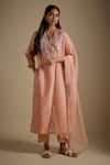 Buy_Asaga_Rose Gold Chanderi, Muslin, Organza V-neck Stylique Kurta Pant Set _at_Aza_Fashions