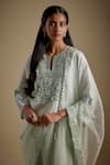 Buy_Asaga_Mint Chanderi, Muslin, Organza Mirrors Split V-neck Lustora Work Kurta Set _Online_at_Aza_Fashions