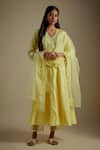 Buy_Asaga_Yellow Chanderi, Muslin, Organza Mirrors V-neck Threadio Work Set _at_Aza_Fashions