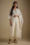 Buy_Asaga_Ivory Chanderi, Muslin, Organza Mirrors V-neck Outflair Work Kurta Set _at_Aza_Fashions