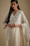 Asaga_Ivory Chanderi, Muslin, Organza Mirrors V-neck Outflair Work Kurta Set _Online_at_Aza_Fashions