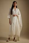 Buy_Asaga_Ivory Chanderi, Muslin, Organza V-neck Drapiva Emoroidered Bodice Kurta Set _at_Aza_Fashions