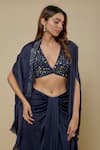 Buy_Asaga_Navy Satin, Organza, Tulle Mirrors V-neck, Open Maven Draped Skirt And Cape Set _Online_at_Aza_Fashions