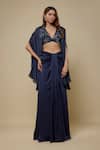 Buy_Asaga_Navy Satin, Organza, Tulle Mirrors V-neck, Open Maven Draped Skirt And Cape Set _at_Aza_Fashions