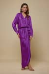Buy_Asaga_Purple Satin Embroidery Collared Sireli Draped Dress _at_Aza_Fashions