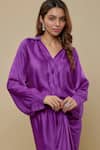 Asaga_Purple Satin Embroidery Collared Sireli Draped Dress _Online_at_Aza_Fashions