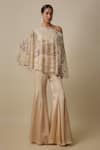Buy_Asaga_Beige Satin Embroidery Asymmetric Auraknot Cape Sharara Set _at_Aza_Fashions