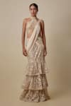 Buy_Asaga_Beige Satin, Chinon, Organza Embroidery, Beeline Draped Saree With Blouse _at_Aza_Fashions