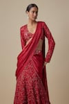 Asaga_Red Satin, Organza Sequins, Mirrors Round Neck Vano Draped Saree With Blouse _Online_at_Aza_Fashions