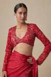 Shop_Asaga_Red Satin, Organza Sequins, Mirrors Round Neck Vano Draped Saree With Blouse _Online_at_Aza_Fashions