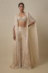 Buy_Asaga_Beige Satin, Organza, Chinon Mirrors, Embroidery Open Zander Cape Sharara Set _at_Aza_Fashions