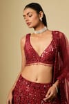 Asaga_Red Satin, Chinon, Tulle Sequins, Embroidery V-neck Lehenga Set _Online_at_Aza_Fashions