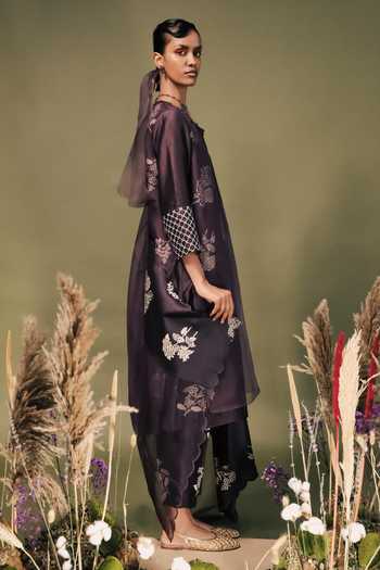 Buy_Arcvsh By Pallavi Singh_Purple Silk, Chanderi, Organza Embroidery Discharge Print Layered Kurta Set _Online_at_Aza_Fashions