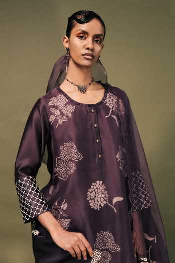 Shop_Arcvsh By Pallavi Singh_Purple Silk, Chanderi, Organza Embroidery Discharge Print Layered Kurta Set _Online_at_Aza_Fashions