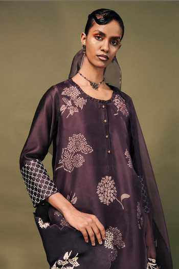 Arcvsh By Pallavi Singh_Purple Silk, Chanderi, Organza Embroidery Discharge Print Layered Kurta Set _at_Aza_Fashions