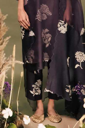Arcvsh By Pallavi Singh_Purple Silk, Chanderi, Organza Discharge Print Layered Kurta And Pant Set _Online_at_Aza_Fashions