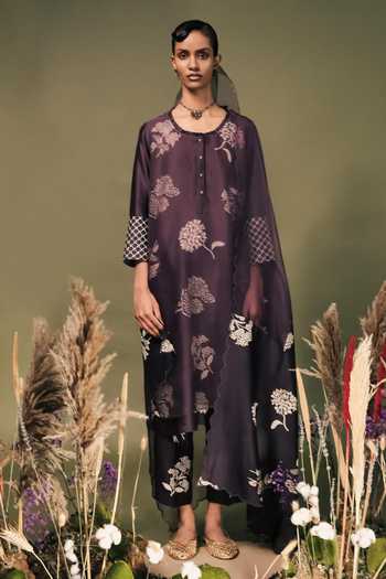 Buy_Arcvsh By Pallavi Singh_Purple Silk, Chanderi, Organza Discharge Print Layered Kurta And Pant Set _at_Aza_Fashions