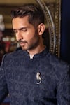 Shop_Dolly J_Navy Silk, Cotton Embroidery, Metallic Thread Indivar Achkan Set _at_Aza_Fashions