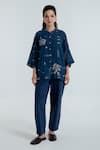 Rias Jaipur_Blue Cotton Embroidery Mandarin Collar Indigo Shadow Pattern Shirt _at_Aza_Fashions