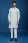 Arihant Rai Sinha_Blue Jacquard, Polyester, Viscose Embroidery, Geometric Woven Sherwani Set _Online_at_Aza_Fashions