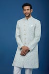 Shop_Arihant Rai Sinha_Blue Jacquard, Polyester, Viscose Embroidery, Geometric Woven Sherwani Set _Online_at_Aza_Fashions