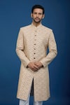 Buy_Arihant Rai Sinha_Gold Silk, Polyester, Viscose Embroidery Mughal Sherwani Set _Online_at_Aza_Fashions