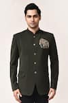Aryavir Malhotra_Mehandi Green Elephant Work Bandhgala Set _at_Aza_Fashions