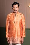 Kaaj Button_Orange Chanderi Silk, Cotton, Twill Zari Tetris Embroidered Kurta Set _at_Aza_Fashions